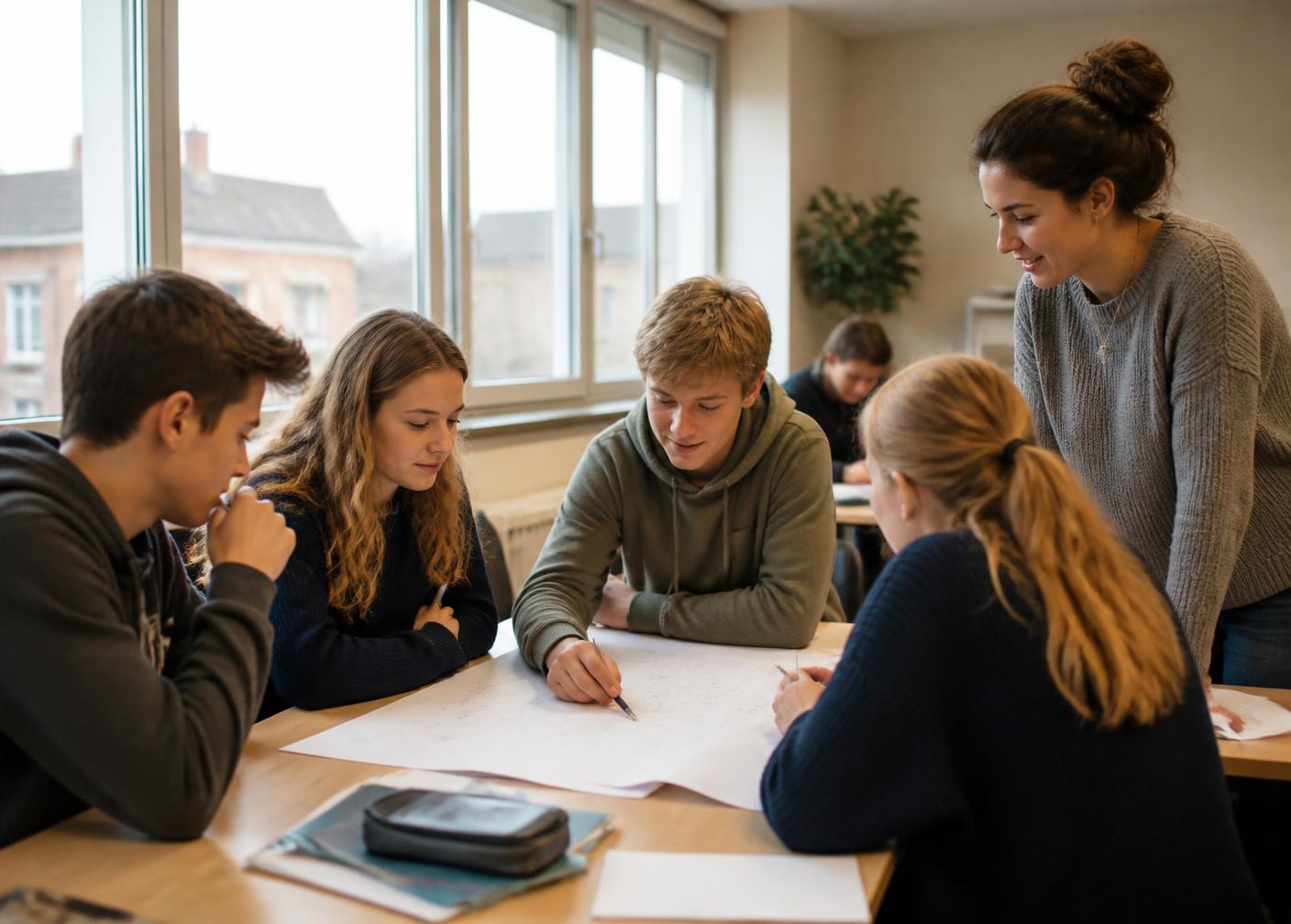 Schülerinnen und Schüler arbeiten gemeinsam an einem Gruppenprojekt im Klassenraum